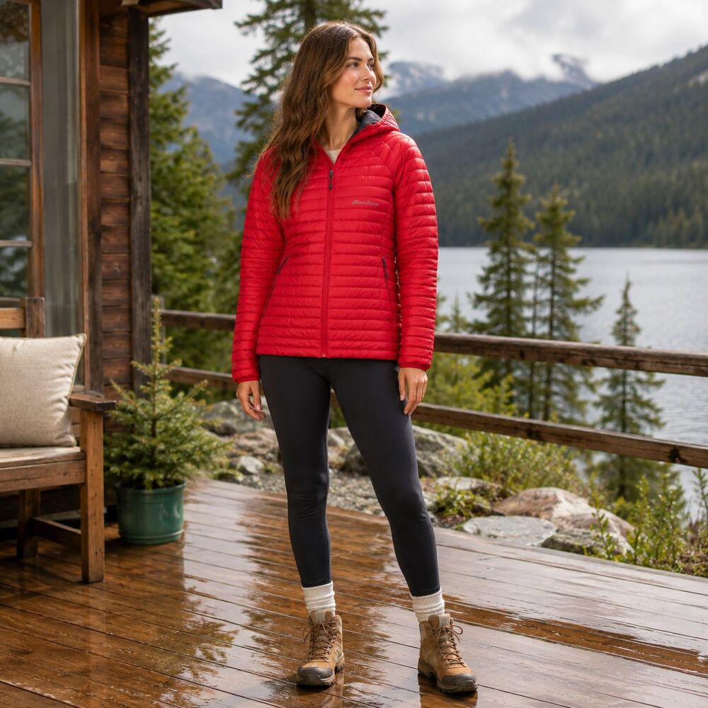 EDDIE BAUER Womens Jacket XL Red Goose Down Hooded Pertex Quantum‎ Outdoor